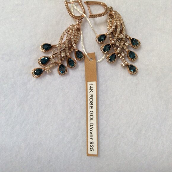 NWT 14K ROSE GOLD London Blue Topaz & CZ LARGE Earrings MSRP $750 - Picture 2 of 6